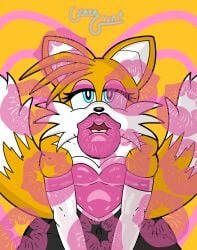 1boy 2d anthro big_ass big_lips blue_eyes buchukisu clothed clothed_male clothing femboy fox fox_boy fox_ears furry furry_male guavagrunt huge_ass huge_lips kiss_mark kissing lips lipstick lipstick_mark looking_at_viewer makeup male male_focus male_only pink_eyeshadow pink_lips pink_lipstick pov pov_kiss rouge_the_bat_(cosplay) simple_background sonic_(series) spandex tail tails_the_fox thighs vulpine yellow_body yellow_fur