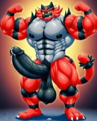 flexing_muscles huge_cock hyper_penis incineroar male muscles muscular pokemon pokemon_(species) precum precum_drip saggy_balls smirking solo veiny_penis