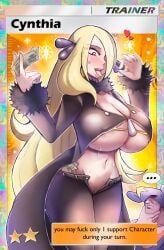 1girls bea big_breasts blonde_hair blowjob_gesture blush card_(medium) ciaranworks clothed clothing color cynthia_(pokemon) female female_focus female_only game_freak hi_res large_breasts light-skinned_female light_skin long_hair looking_at_viewer money nintendo pokemon pokemon_champion pokemon_dppt pokemon_trainer solo solo_female sweat tagme thick_thighs tongue tongue_out underboob