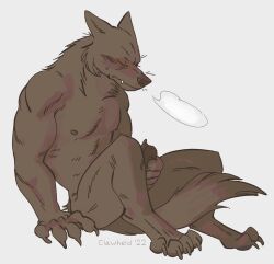 anthro big_hands breath brown_body canid canine clawheld claws closed_eyes concentration digital_media_(artwork) exhaling fangs genitals hi_res long_feet male mammal masturbation mythological_canine mythological_creature mythology nipples nude penis signature simple_background sitting solo tail tail_between_legs teeth werecanid werecanine werecreature werewolf whiskers white_background