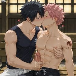 1ace1 2boys ai_generated bulge_through_clothing cum erection fairy_tail gay gray_fullbuster kissing masturbation natsu_dragneel nipple_play nipples penis tattoo yaoi