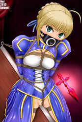 1girls adapted_costume ahoge arms_behind_back artoria_pendragon blonde_hair bondage bound braid breast_bondage corset crotch_rope dress fate/stay_night fate_(series) female female_only femsub french_braid gag gagged green_eyes hair_ribbon highres latex nbnl_nei no_panties open_mouth_gag plug_gag puffy_sleeves pussy ribbon ring_gag rope saber shiny_clothes short_hair showgirl_skirt small_breasts solo uncensored wooden_horse