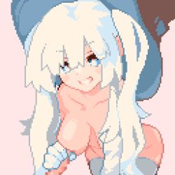 1girls bent_over blinking blue_eyes blue_hair blush breast_massage breasts collarbone hat long_hair looking_at_viewer masturbation momiahair naughty_face nipples original penis penis_rubbing_breast smiling thighhighs thighs titjob very_long_hair white_hair