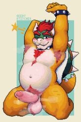 anthro armpit_hair ball_tuft balls belly blush bodily_fluids body_hair bowser bracelet breasts chest_tuft collar digital_media_(artwork) dithering dragon erection eyebrows featureless_breasts freckles fur genital_fluids genitals hair head_horn hi_res horn humanoid_genitalia humanoid_penis jewelry koopa leaking_precum male mario_bros musk musky_armpit musky_balls musky_penis mythological_creature mythological_scalie mythology nintendo one_eye_closed overweight overweight_male penis pinup pixel_(artwork) pose precum red_hair scales scalie seedy_stitches_(artist) shell simple_background slightly_chubby smile solo spiked_bracelet spiked_collar spiked_tail spikes spikes_(anatomy) star stretching tail teeth_showing thick_eyebrows tuft turtle_shell vein veiny_penis wink yellow_body