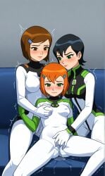 ai_generated ben_10 ben_tennyson bodysuit female_only fff_threesome fingering genderswap_(mtf) group group_sex gwen_tennyson julie_yamamoto rule_63 shaking skin_tight yuri