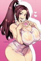 breasts brown_eyes brown_hair busty cleavage erect_nipples fatal_fury female heart heart_hands large_breasts mai_shiranui see-through see-through_clothing snk street_fighter street_fighter_6 tank_top thick_thighs wet wet_clothes