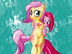 2013 4:3 abstract_background anthro anthrofied blue_eyes cutie_mark duo earth_pony equid equine female fluttershy_(mlp) friendship_is_magic fur green_eyes hair hasbro horse looking_at_viewer mammal my_little_pony navel nude pink_body pink_fur pink_hair pinkamena_(mlp) pinkie_pie_(mlp) pony simple_background snus-kun yellow_body yellow_fur