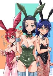 3girls amate_yuzuriha aqua_eyes ass_visible_through_thighs black_hair blue_hair blush breasts commentary_request comoli_harcourt embarrassed finger_heart fishnet_pantyhose fishnets grey_eyes gundam gundam_gquuuuuux highres hirokawa_kouichirou leotard long_hair looking_at_viewer medium_breasts mole mole_under_eye multiple_girls nyaan_(gundam_gquuuuuux) pantyhose playboy_bunny red_hair short_hair small_breasts undersized_breast_cup yellow_eyes