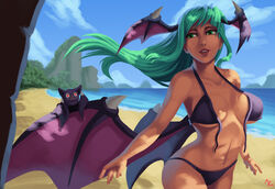 2014 bat bat_wings beach bikini black_bikini breasts capcom darkstalkers day female front_view green_eyes green_hair head_wings heart-shaped_pupils highres long_hair looking_away morrigan_aensland navel outdoors parsujera parted_lips small_breasts smile solo standing succubus swimsuit symbol-shaped_pupils untied_bikini untied_bikini_top untied_bra water