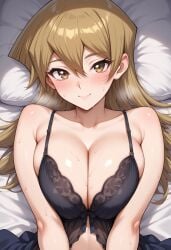 ai_generated alexis_rhodes babydoll bed blonde_hair blush bra breasts brown_eyes female hi_res long_hair looking_at_viewer pressing_breasts_together seductive sephiaton955 smile solo sweatdrop tenjouin_asuka underwear younger_female yu-gi-oh! yu-gi-oh!_gx