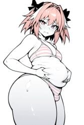 ai_generated astolfo_(fate) bikini bulge bulge_through_clothing chubby chubby_femboy embarrassed embarrassed_femboy fat fat_ass fat_femboy obese obese_femboy overweight panty_bulge pink_eyes pink_hair tight_clothing weight_conscious weight_gain