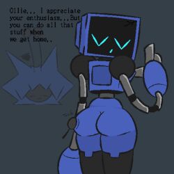 antennae_(anatomy) ass blue_theme dialogue ollie_(vannortt) robot robot_girl screen_face simple_background tagme teevee_(vannortt) teevee_(wobblort) text touching_ass vannortt wobblort