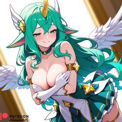 ahegao_ai ai_generated covering covering_breasts green_eyes green_hair horn league_of_legends league_of_legends:_wild_rift outfit riot_games soraka star_guardian_series star_guardian_soraka