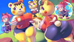 aerth animal_crossing animal_crossing_girl ass blue_eyes breasts brown_hair clothed clothed_female female female_focus female_only nintendo pink_hair purple_eyes tammy_(animal_crossing) thick_thighs thighs villager_(animal_crossing) workout workout_clothes yellow_fur