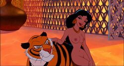 aladdin black_hair breasts disney disney_princess edit feline female feral hair human interspecies male mammal navel nipples nude princess_jasmine pussy rajah screenshot screenshot_edit straight tiger zoophilia