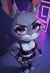 1girls, ai_generated angry anthro blazera furry goth high-angle_view judy_hopps pierced_nipples piercing runny_makeup spiked_collar tank_top zootopia