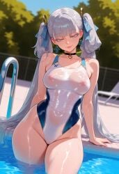 1girls ai_generated balecxi bare_shoulders blue_ribbon blunt_bangs blurry blurry_background breasts choker closed_mouth collarbone competition_swimsuit covered_navel covered_nipples day depth_of_field earrings female grey_hair hair_ribbon half-closed_eyes heart_choker highleg highleg_swimsuit jewelry jinhsi_(wuthering_waves) lips long_hair looking_at_viewer nipples one-piece_swimsuit outdoors pool pool_ladder poolside seductive_smile see-through see-through_swimsuit sky solo swimsuit thick_thighs tree twintails water wet wet_clothes wet_swimsuit wide_hips wuthering_waves