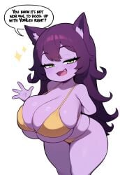 1girls ai_generated alternate_breast_size animal_ears big_breasts bikini breasts curvaceous curvy curvy_female curvy_figure gigantic_breasts green_eyes huge_breasts large_breasts league_of_legends long_hair looking_at_viewer lulu_the_fae_sorceress nai_diffusion oerba_yun_fang presenting_breasts purple_body purple_hair riot_games shiny_skin shortstack smug smug_face solo sparkles stable_diffusion talking talking_to_viewer text thick thick_ass thick_thighs white_background yellow_bikini yordle