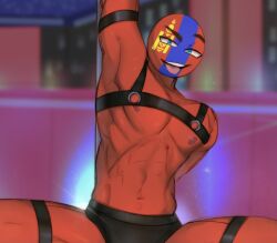 1boy abs black_panties black_pants black_underwear bondage countryhumans dafriix looking_at_viewer male male_only mongolia_(countryhumans) muscle muscles muscular muscular_male nipples pole red_body red_skin solo_male spread_legs tongue tongue_out