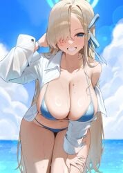 artist_request asuna_(blue_archive) big_breasts bikini blue_archive blue_eyes female halo looking_at_viewer open_shirt shirt smile tagme water wet wet_shirt