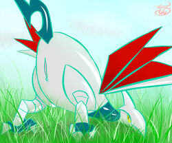 female grass looking_back outside pcred566 pokemon pussy skarmory sky solo