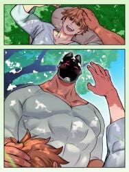 2boys 2koma blush cat_ears fake_animal_ears from_below gay lap_pillow male male_only mask masked_male multiple_boys muscular muscular_male original outdoors pink_eyes satoru6514 smile yaoi