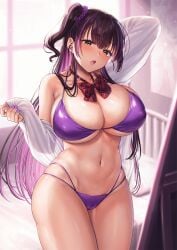 :o bed bed_sheet bedroom bikini black_hair blush breasts cleavage collarbone curvy emotionless emotionless_female female hair_ornament hair_scrunchie highres indifference indifferent indoors large_breasts looking_at_viewer multicolored_hair navel open_mouth original purple_bikini purple_hair scrunchie shirt side_ponytail solo standing swimsuit teeth two-tone_hair unamused unbothered uncaring underboob unenthusiastic upper_teeth_only voluptuous voluptuous_female wakuta_chisaki white_shirt wholesome window yellow_eyes