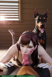 1girls 2boys ai_generated blowjob canine_penis d.va interspecies kisuco knot looking_at_viewer overwatch zoophilia