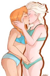 anna_(frozen) blonde_hair blue_panties bra breasts closed_eyes disney elsa_(frozen) female female_only frozen_(film) hand_in_panties human incest kissing multiple_females panties red_hair rough_sketch shadowpelt sisters yuri