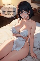 1girls bedroom big_breasts blue_eyes breasts dailogue dh_lucky lying lying_on_back lying_on_bed short_hair solo solo_female solo_focus towel towel_only