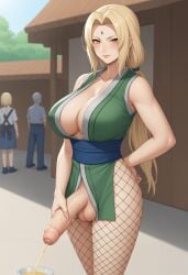 ai_generated blonde_hair brown_eyes futanari naruto_(series) peeing peeing_into_container penis solo stable_diffusion standing tsunade