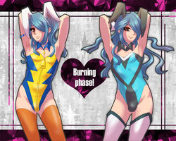 2boys arms_up blue_hair bodysuit bulge bunny_ears bunnysuit crossdressing dual_persona femboy ichirouta_kazemaru inazuma_eleven multiple_boys tagme