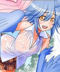 blue_hair fully_clothed harpy_girl manga_page monster_musume_no_iru_nichijou nipples okayado papi_(monster_musume) tagme wet_clothes