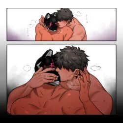 2boys 2koma cat_ears fake_animal_ears gay implied_sex kissing male male_only mask masked_male multiple_boys muscular muscular_male original satoru6514 sex sweat yaoi