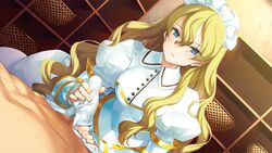 basket bed blonde_hair blush breasts censored eiyu_senki_gold female game_cg handjob highres long_hair looking_down lying maid maid_headdress medium_breasts ooyari_ashito penis sitting wavy_hair