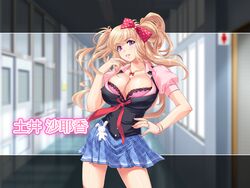 blonde_hair bow bra_cups_sticking_out cleavage gal gyaru huge_breasts looking_at_viewer mochizuki_nozomu necklace