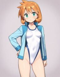 ai_generated asymmetrical_hair bangs blue_jacket blush breasts clavicle closed_mouth clothing competition_swimsuit covered_navel cowboy_shot female female_only green_eyes grey_background hair_between_eyes hand_on_hip highleg highleg_swimsuit jacket kasumi_(pokemon) legs long_sleeves looking_at_viewer medium_breasts misty_(pokemon_hgss) navel one-piece_swimsuit open_clothes open_jacket orange_hair pokemon pokemon_character pokemon_gsc pokemon_hgss ponytail shiny shirt short_hair side_ponytail simple_background small_breasts solo standing swimsuit swimsuit_under_clothes tank_suit thighs tied_hair white_one-piece_swimsuit white_swimsuit