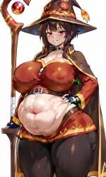 ai_generated alternate_breast_size big_breasts implied_vore kono_subarashii_sekai_ni_shukufuku_wo! megumin seductive_smile thick_thighs vore vore_belly