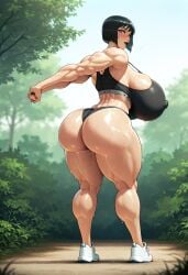 ai_generated ametraxus bimbo black_hair bob_cut bubble_butt gym_clothes gym_uniform huge_ass huge_breasts jogging kaitlyn_jensen milf muscular muscular_female voluptuous