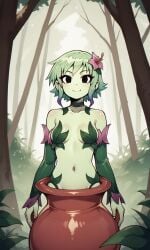 accurate_art_style ai_generated alraune bigmic145 breasts detached_sleeves female female_only flower flower_in_hair green_hair green_skin leaf leaf_clothing monster_girl navel netflix plant plant_girl plant_humanoid ramona_flowers scott_pilgrim scott_pilgrim_takes_off