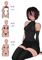 black_hair clothed glasses kurodahlia18 neet original_character short_hair shorts small_breasts sweat tan_body tan_skin thick_thighs twitter_strip_game_(meme)