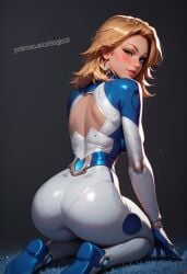 ai_generated ass ass_focus behind_view blonde_hair blonde_hair blue_eyes blush bodysuit curvy curvy_figure fantastic_four invisible_woman invisible_woman_(marvel_rivals) jaajaai looking_back looking_back_at_viewer marvel marvel_rivals on_ground on_knees perfect_body plain_background round_ass sfw sue_storm tagme thin_waist voluptuous voluptuous_female