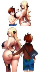 1boy 1girls age_difference artist_request ass_grab bag beach big_ass big_breasts bikini black_bikini blonde_female blonde_hair blue_shorts blush brown_hair chorquistudios cynthia_(pokemon) duo duo_focus erection game_freak glasses gold_jewelry grabbing grabbing_ass grabbing_from_behind half_naked horny horny_female horny_male huge_ass huge_breasts looking_back milf milf_love_young_man oc original_character pokeball pokemon side_view small_bikini smile