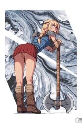 ai_generated anus astrid_hofferson axe battle_axe bent_over blonde_hair blue_eyes boots braid c4n3c0 clothed clothed_female female how_to_train_your_dragon leaning looking_at_viewer looking_back no_panties panties_removed pussy single_braid solo viking viking_female