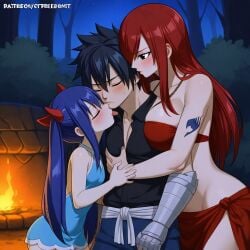 1boy 2girls ai_generated black_hair clothed dark_blue_hair erza_scarlet fairy_tail forest gray_fullbuster night red_hair threesome throuple wendy_marvell