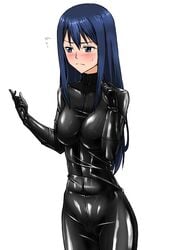 1girls 5_fingers blue_eyes blue_hair blush bodysuit breasts catsuit embarrassed female female_only flying_sweatdrops gloves gokukoku_no_brynhildr hair human jpeg kuroha_neko latex latex_clothing latex_suit long_hair rubber simple_background skin_tight solo standing sweatdrop tight_clothing tight_fit tmzf white_background wrinkles_in_clothes