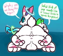 2025 2_horns 3_toes anthro anus ass backsack balls big_butt blue_background blue_body demon dialogue duo english_text feet female female_on_top fur genitals green_body green_horn halo horn imp lagomorph leporid looking_at_another looking_back looking_down looking_up lying male male_on_bottom mammal on_bottom on_front on_top open_mouth panazel_maria pawpads perineum pink_anus pink_body pink_fur pink_pawpads pink_vulva presenting presenting_hindquarters purple_inner_ear rabbit short_tail simple_background smile smirk spade_tail speech_bubble tail take_your_pick teal_sclera text toes ultilix white_balls white_body white_eyes white_horn white_perineum zelarpi