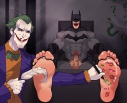 2boys bars batman batman_(bruce_wayne) batman_(series) boner dc_comics erection feet foot_fetish gay green_hair kiss_marks lipstick_on_feet lipstick_on_penis male_feet male_foot_fetish male_only muscular_male restrained revealyoursins six_pack stocks the_joker tickle_torture tickling tickling_feet toes_tied torn_suit