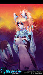 2014 5_fingers anthro beads blue_eyes breasts clothing female fingers fur hair looking_at_viewer mammal nipples nude pussy shirt_lift solo standing tofu93