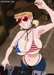 american_flag_bikini aviator_sunglasses belly_button_piercing big_breasts blonde_hair choker cowboy_hat dj_(hellonearthiii) freckles hellonearthiii jeans piercing smile stetson sunglasses sweat sweating tinted_eyewear twintails